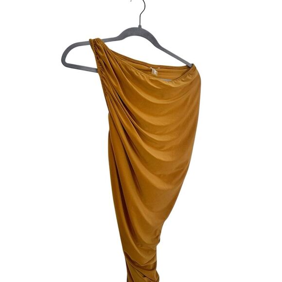 SOLD:Norma Kamali Diana Ruched One-Shoulder Gown Dress Mocha New M - Picture 3 of 9